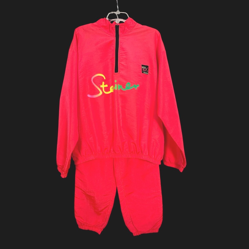 Vintage Surf Style Steiner Windbreaker Tracksuit Red Neon 90s Iridescent Set L